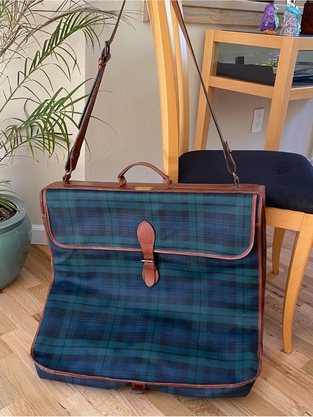 Vintage Polo Ralph Lauren Tartan Plaid Garment Case PVC, Leather Trim Travel Bag
